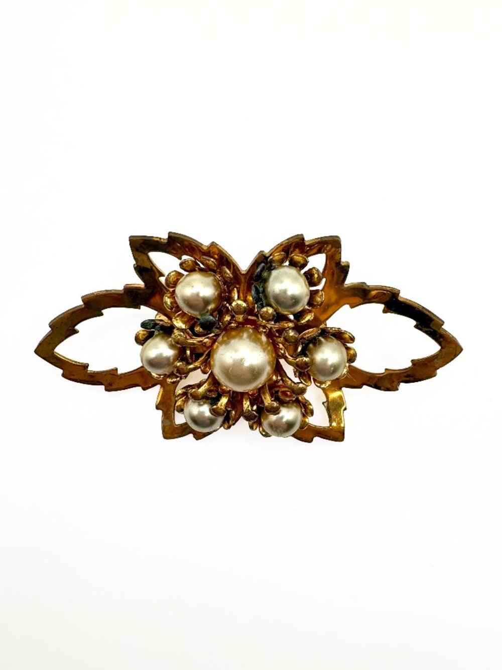 Early 1900s Gold Tone Flower Brooch with Faux Pearls